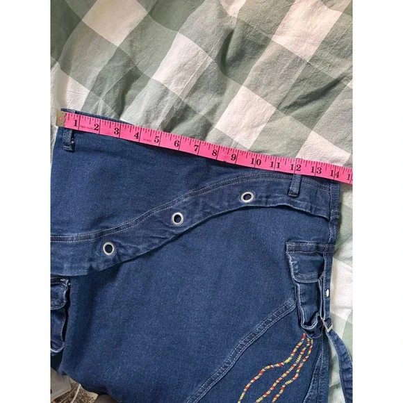 Y2K Style Cargo Denim Maxi Skirt Dark Wash Grommet Utility Stitching Blue - Picture 3 of 6